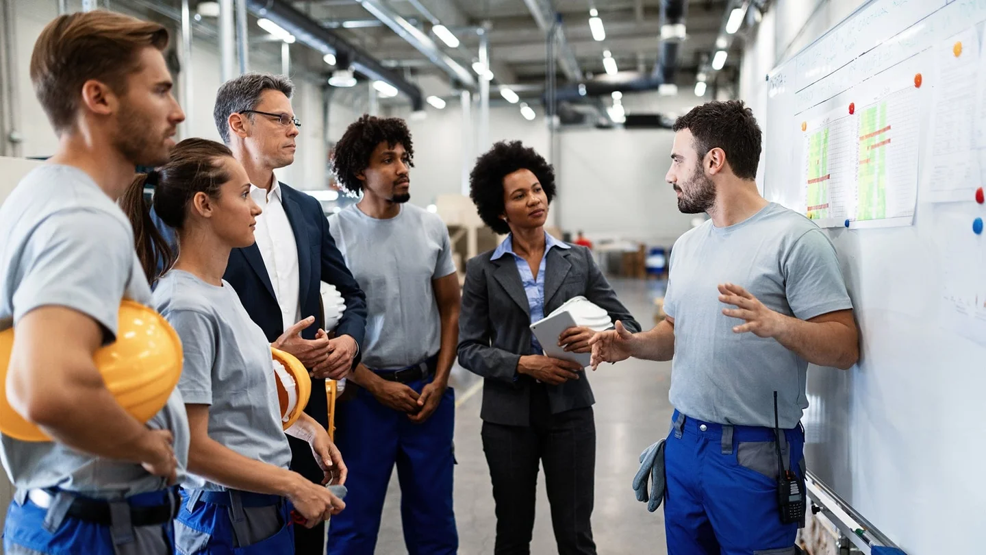 Betriebliches Gesundheitsmanagement: 5 Menschen in einer Lagerhalle bekommen eine Einweisung. 4 Personen tragen Arbeitsschutzkleidung, 2 Personen sind in formelle Büro-Kleidung gekleidet. Alle hören aufmerksam zu.