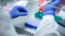 Laborarbeit: Person in Schutzkleidung und Handschuhen mit Pipette und Probenr&ouml;hrchen
