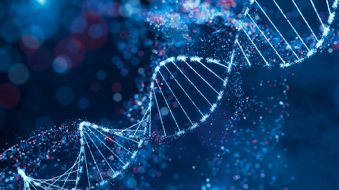 Eine glitzernde DNA-Helix vor dunklem Hintergrund.