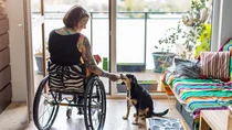 Eine Frau im Rollstuhl f&uuml;ttert einen Hund.
