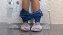 Eine Person sitzt mit heruntergelassenen Hosen und Hausschuhen an den Füßen auf der Toilette.